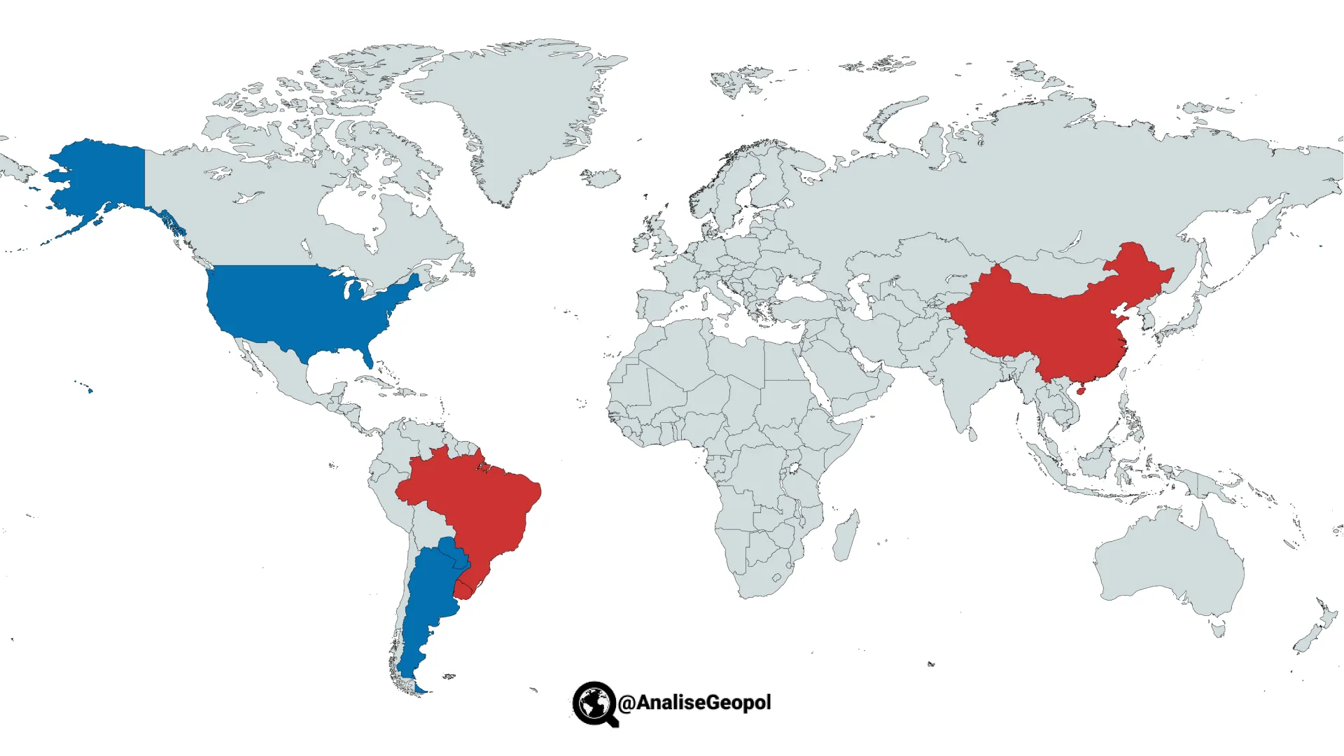 Mapa do Brasil e Uruguai alinhados com a China, Argentina e Paraguai alinhados com os EUA