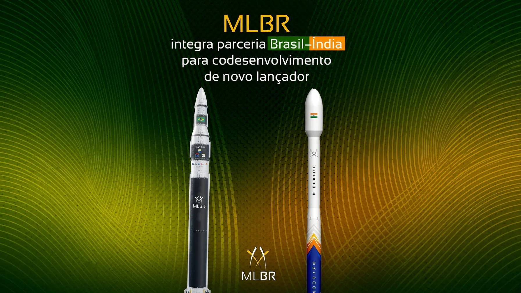 Imagem conceitual do foguete brasileiro MLBR ao lado do foguete indiano Vikram II