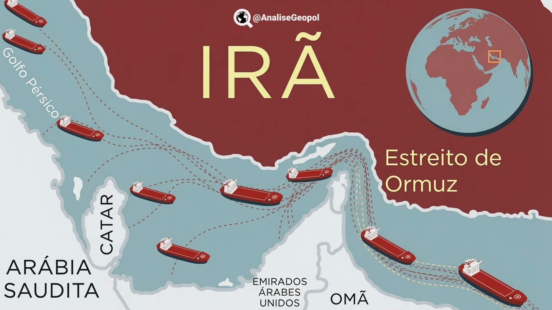 Mapa do Estreito de Ormuz com rotas de passagem de navios